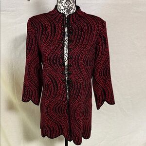 Ming Wang Knit Black and Red Patterned Jacket Cardigan Shrug Top Closure Medium